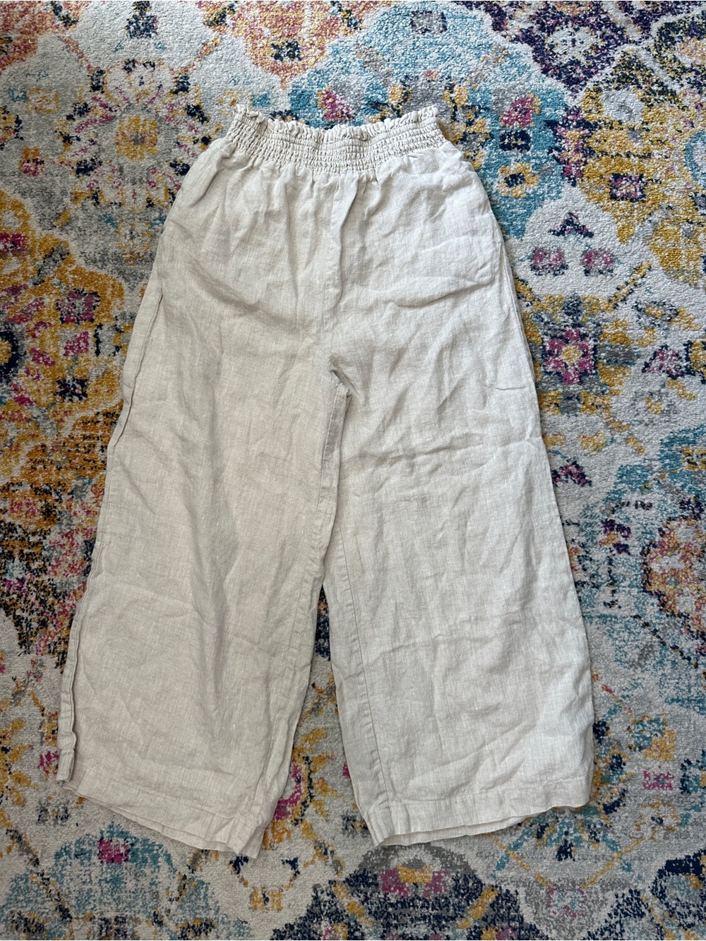 Grade & Gather 100% Linen Smocked High Waist Wide Leg Pants Oatmeal Beige Small